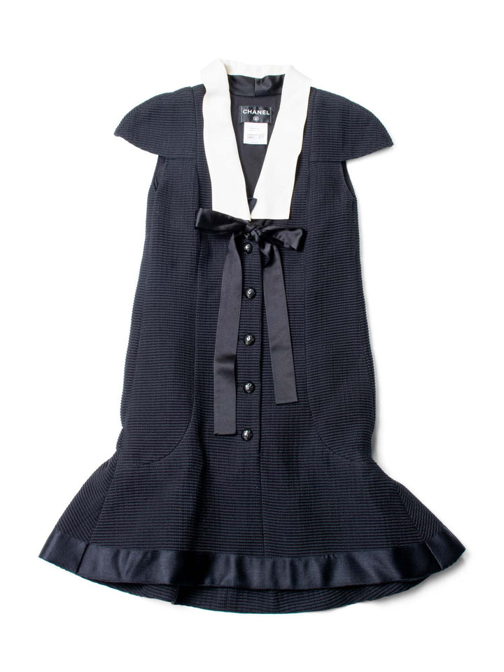 Top Quality Chanel Runway CC Logo White Collar Bow Mini Dress Black White
