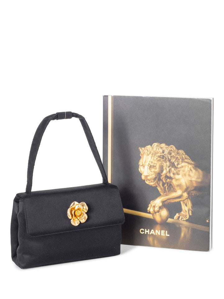 Top Quality Chanel Satin 24K Gold Camellia Mini Flap Bag Black