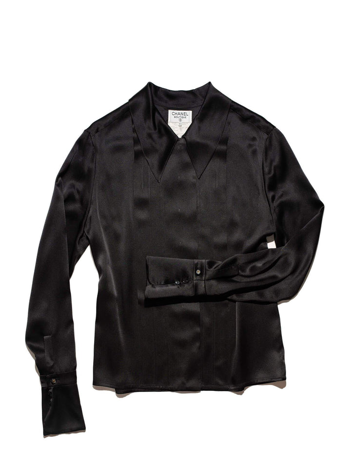 Top Quality Chanel Satin Silk Pleated Blouse Black