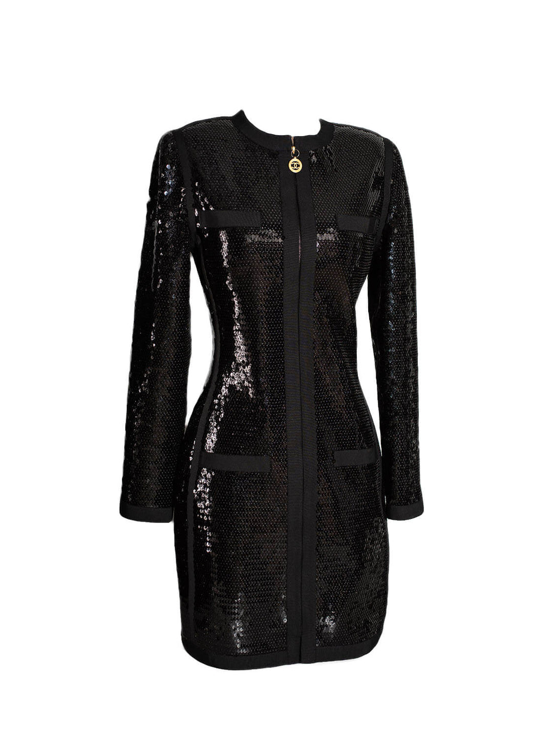 Top Quality Chanel Shiny Sequin Long Sleeve Mini Dress Black