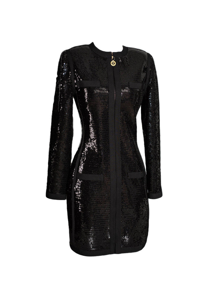 Top Quality Chanel Shiny Sequin Long Sleeve Mini Dress Black