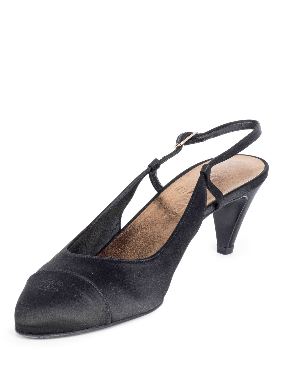 Top Quality Chanel Silk CC Logo Cap Toe Sling Back Kitten Heels Black