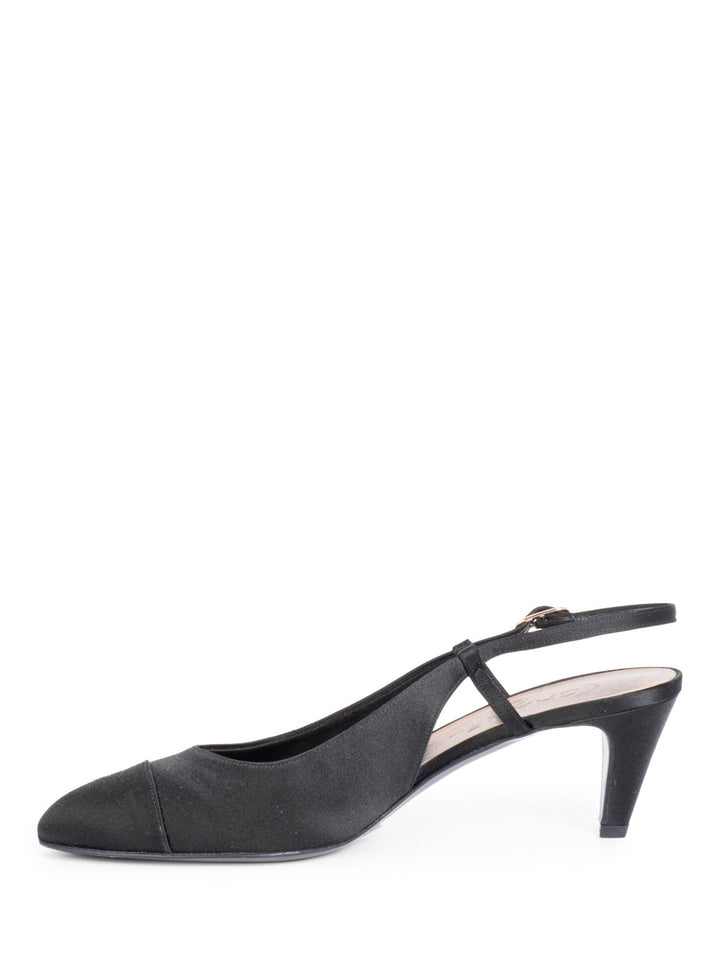 Top Quality Chanel Silk CC Logo Cap Toe Sling Back Kitten Heels Black
