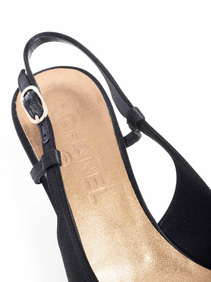 Top Quality Chanel Silk CC Logo Cap Toe Sling Back Kitten Heels Black