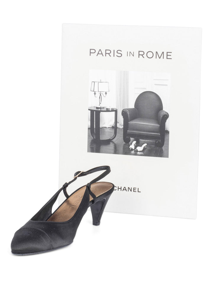 Top Quality Chanel Silk CC Logo Cap Toe Sling Back Kitten Heels Black