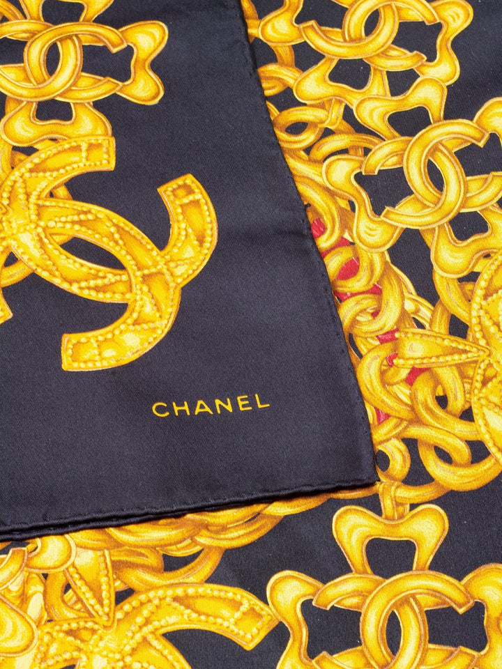 Top Quality Chanel Silk CC Logo Chain Scarf Black Gold