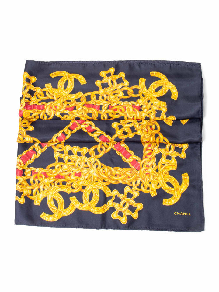 Top Quality Chanel Silk CC Logo Chain Scarf Black Gold