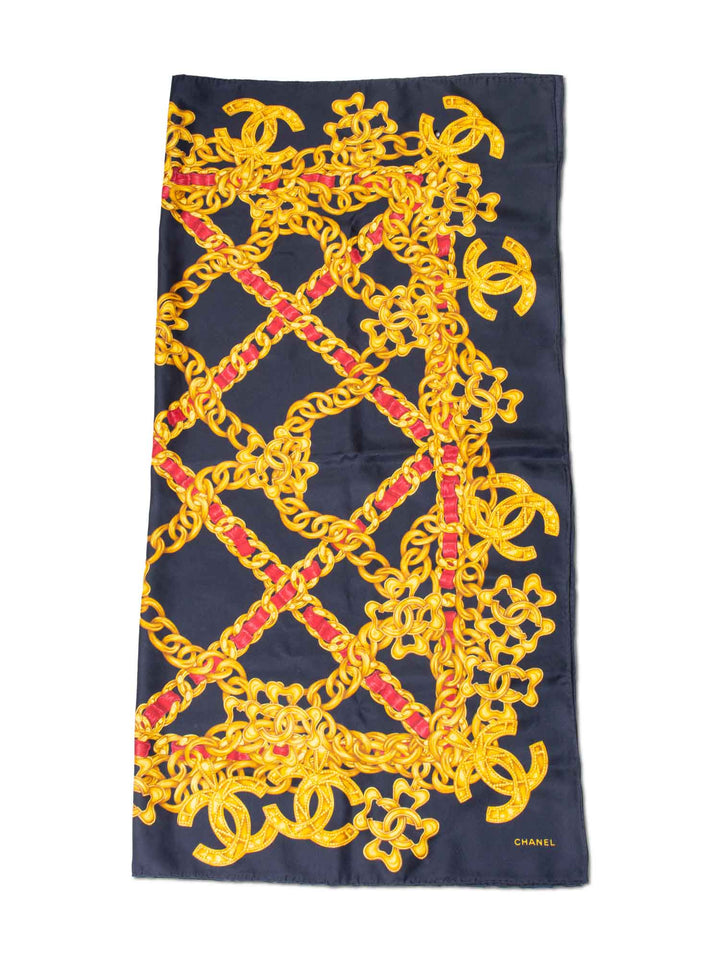 Top Quality Chanel Silk CC Logo Chain Scarf Black Gold
