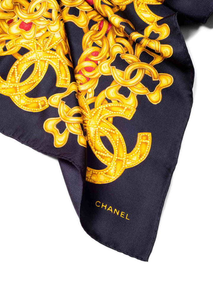 Top Quality Chanel Silk CC Logo Chain Scarf Black Gold