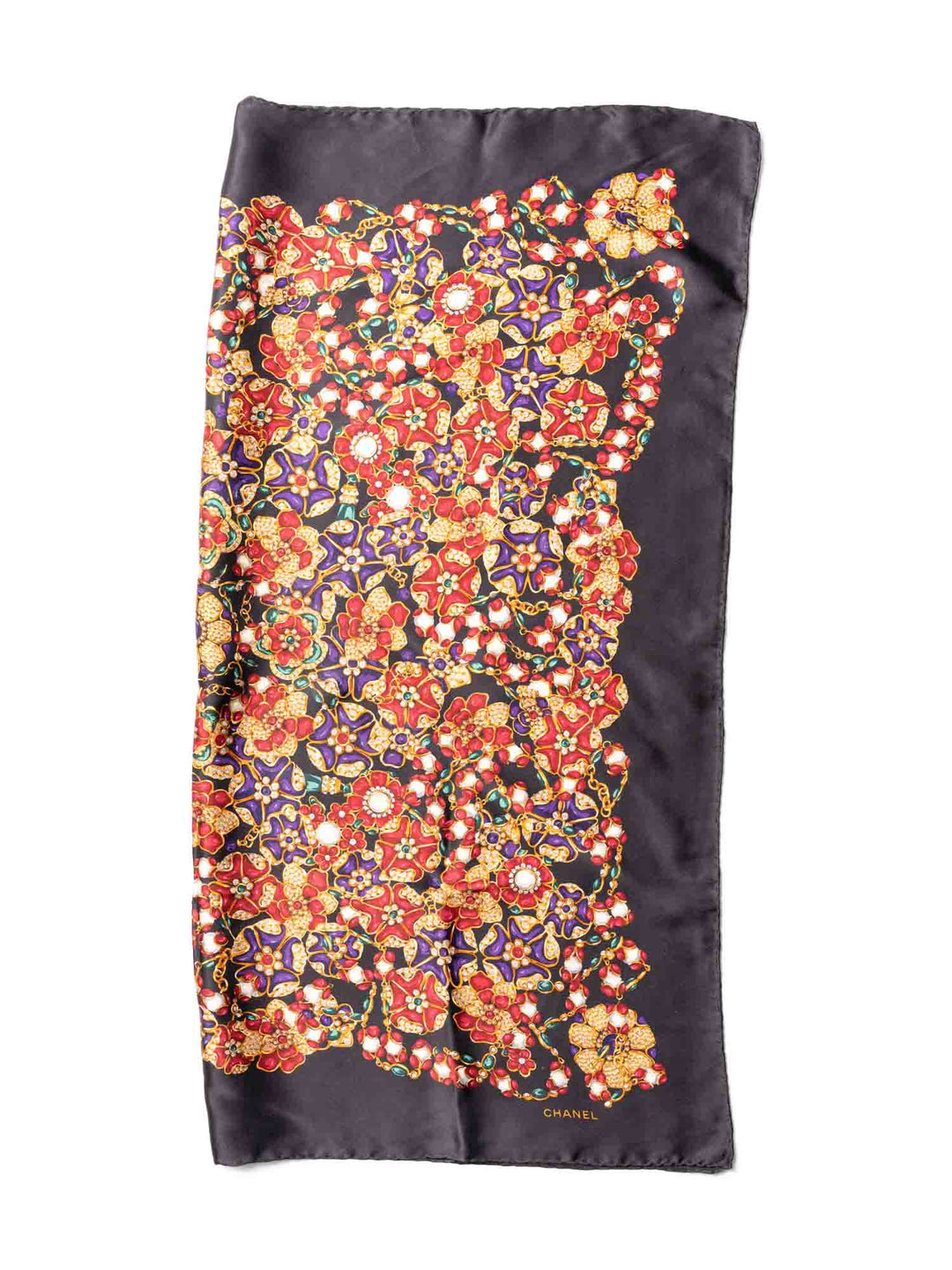 Top Quality Chanel Silk CC Logo Gripoix Pearl Chain Scarf Multicolor
