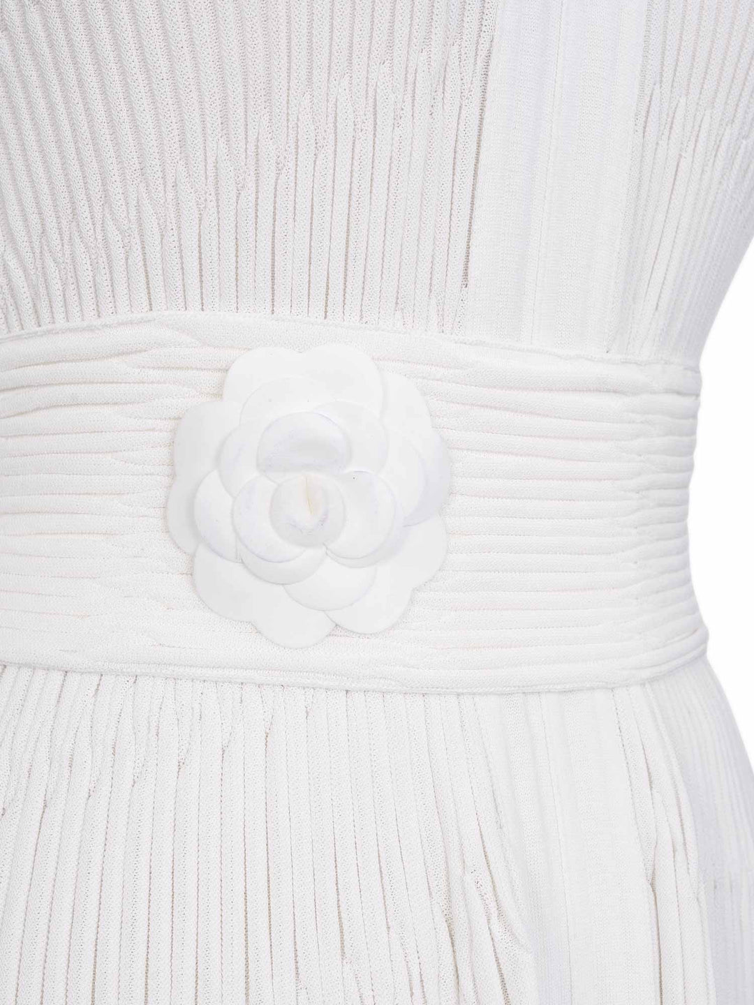 Top Quality Chanel Silk Camellia Pleated Belted Knit Dress White