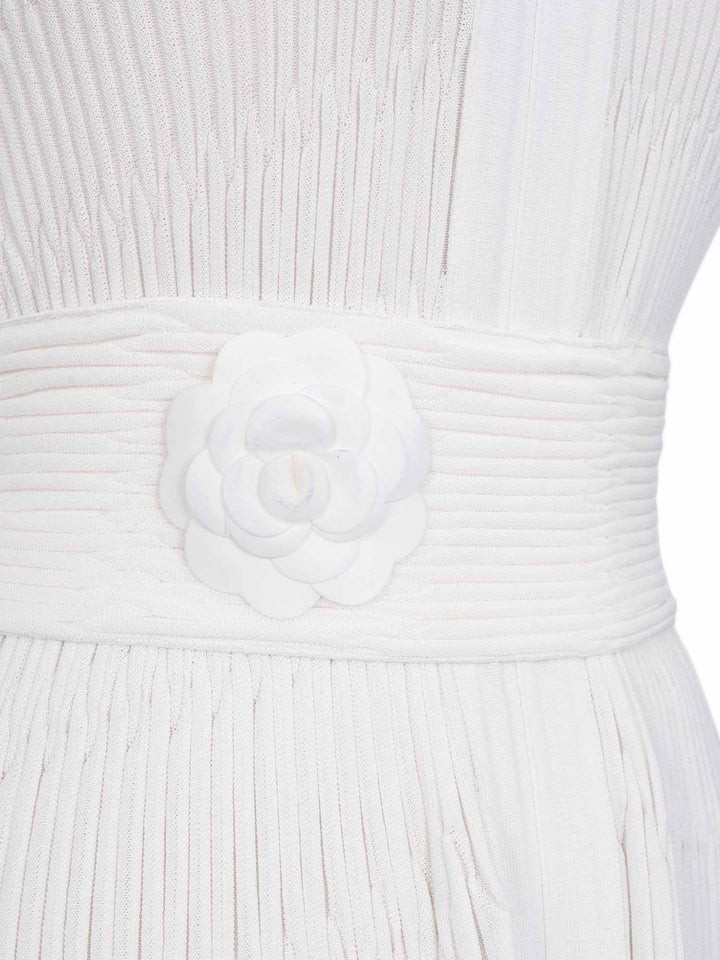 Top Quality Chanel Silk Camellia Pleated Belted Knit Dress White