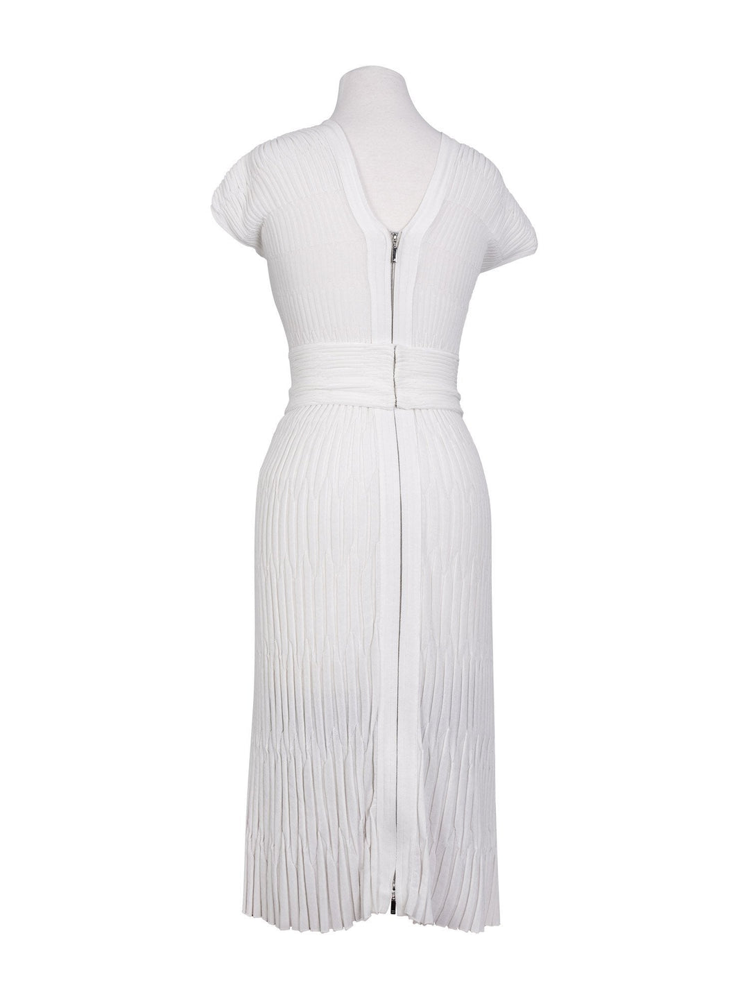 Top Quality Chanel Silk Camellia Pleated Belted Knit Dress White