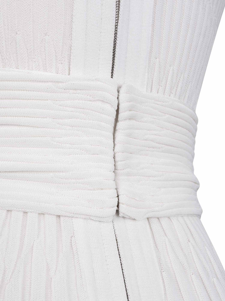 Top Quality Chanel Silk Camellia Pleated Belted Knit Dress White