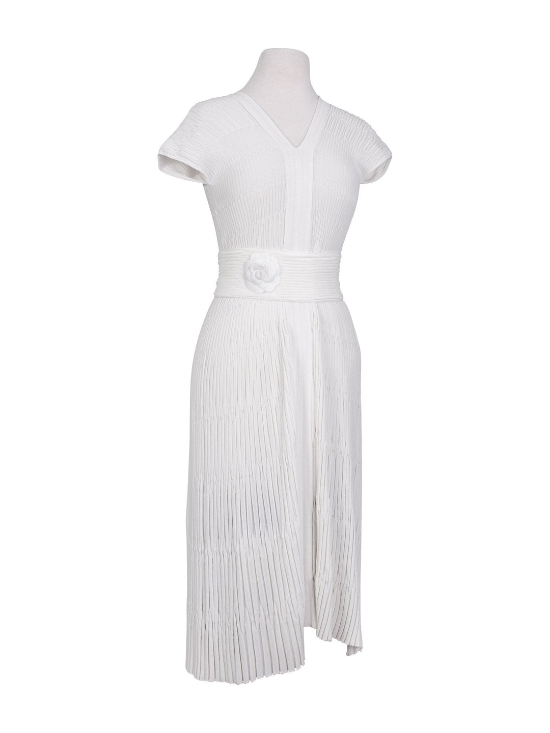 Top Quality Chanel Silk Camellia Pleated Belted Knit Dress White