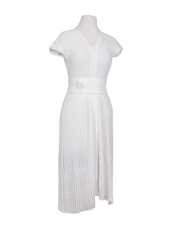 Top Quality Chanel Silk Camellia Pleated Belted Knit Dress White