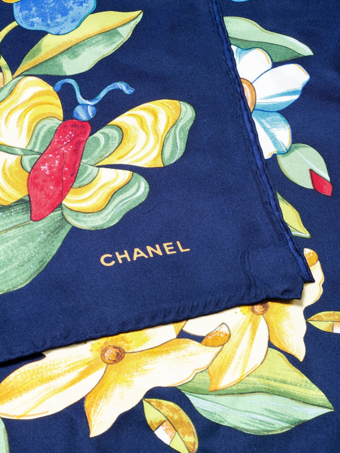 Top Quality Chanel Silk Floral Butterfly Scarf Blue