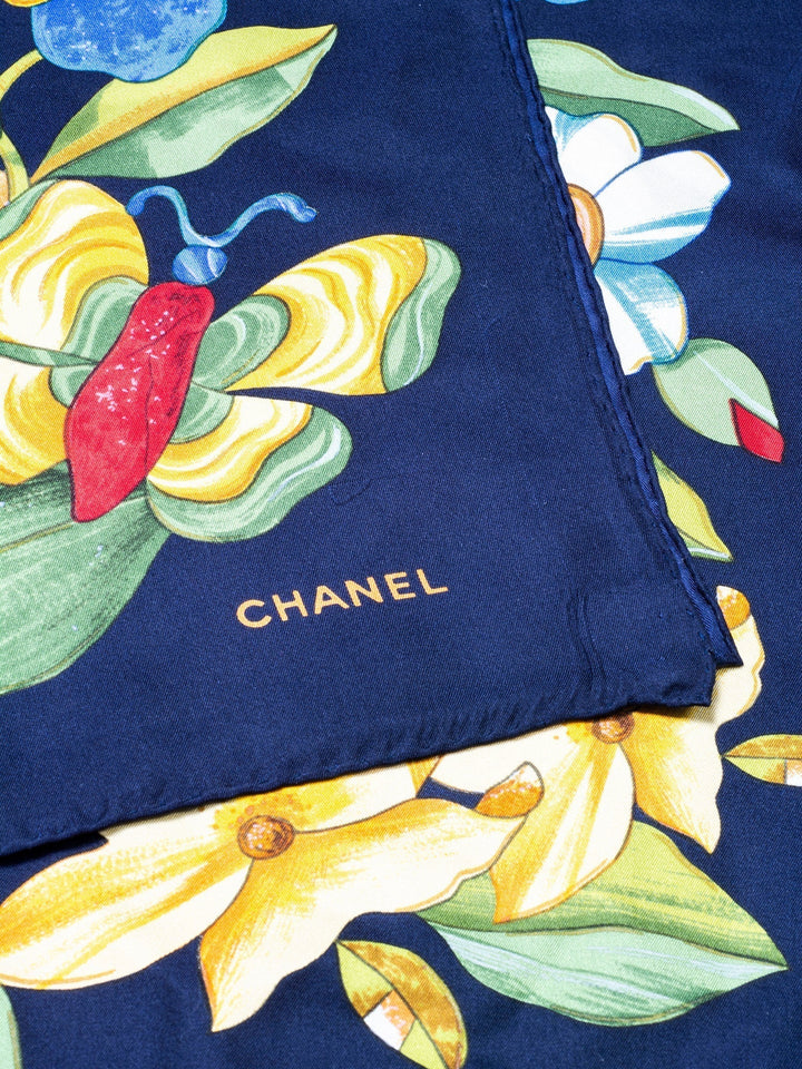 Top Quality Chanel Silk Floral Butterfly Scarf Blue