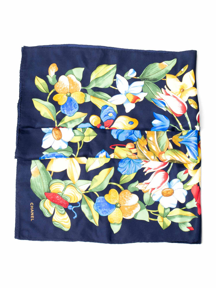 Top Quality Chanel Silk Floral Butterfly Scarf Blue