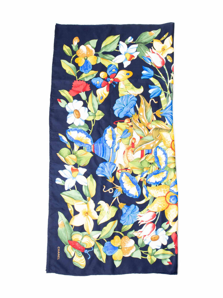 Top Quality Chanel Silk Floral Butterfly Scarf Blue