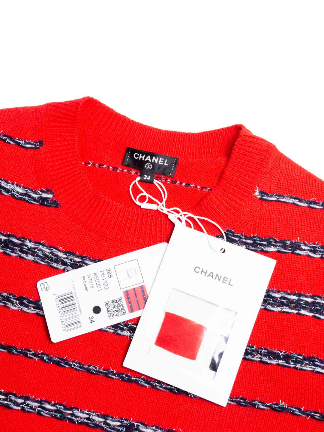 Top Quality Chanel Sparkly Fringe Cashmere Stripe Cropped Sweater Red