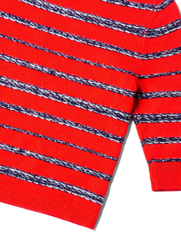 Top Quality Chanel Sparkly Fringe Cashmere Stripe Cropped Sweater Red