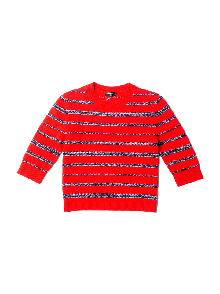 Top Quality Chanel Sparkly Fringe Cashmere Stripe Cropped Sweater Red