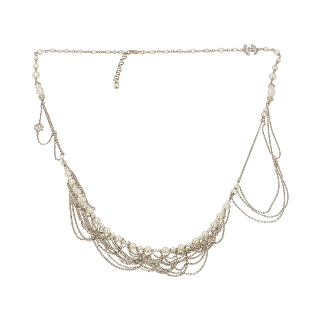 Chanel Strass/Glass Pearl CC Long Necklace Gold Tone
