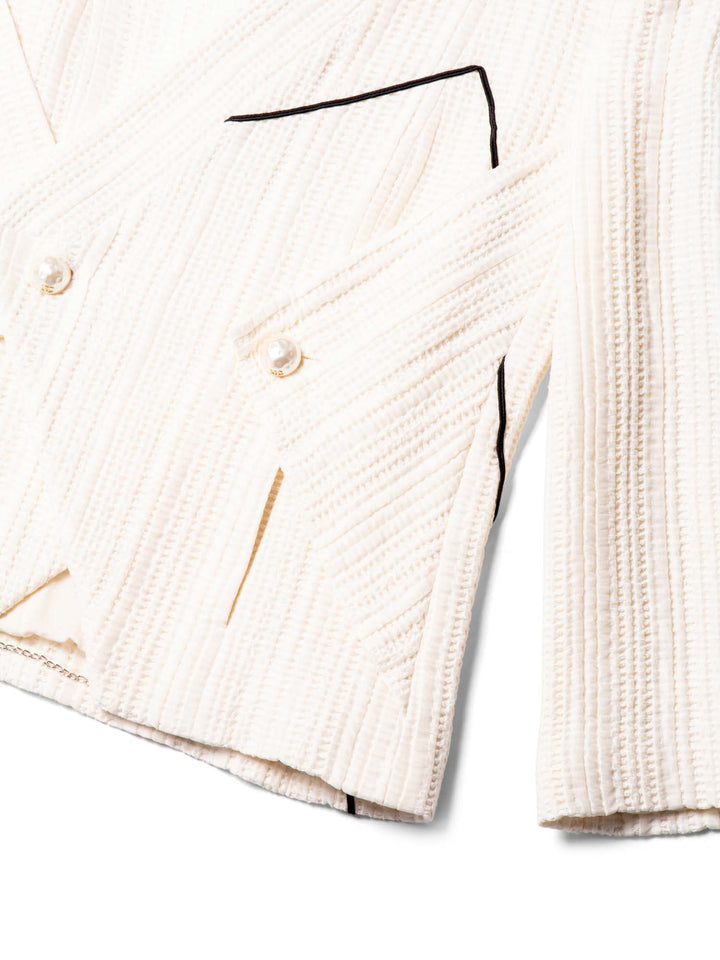 Top Quality Chanel Tweed CC Logo Hammered Pearl Cut Out Jacket Ivory
