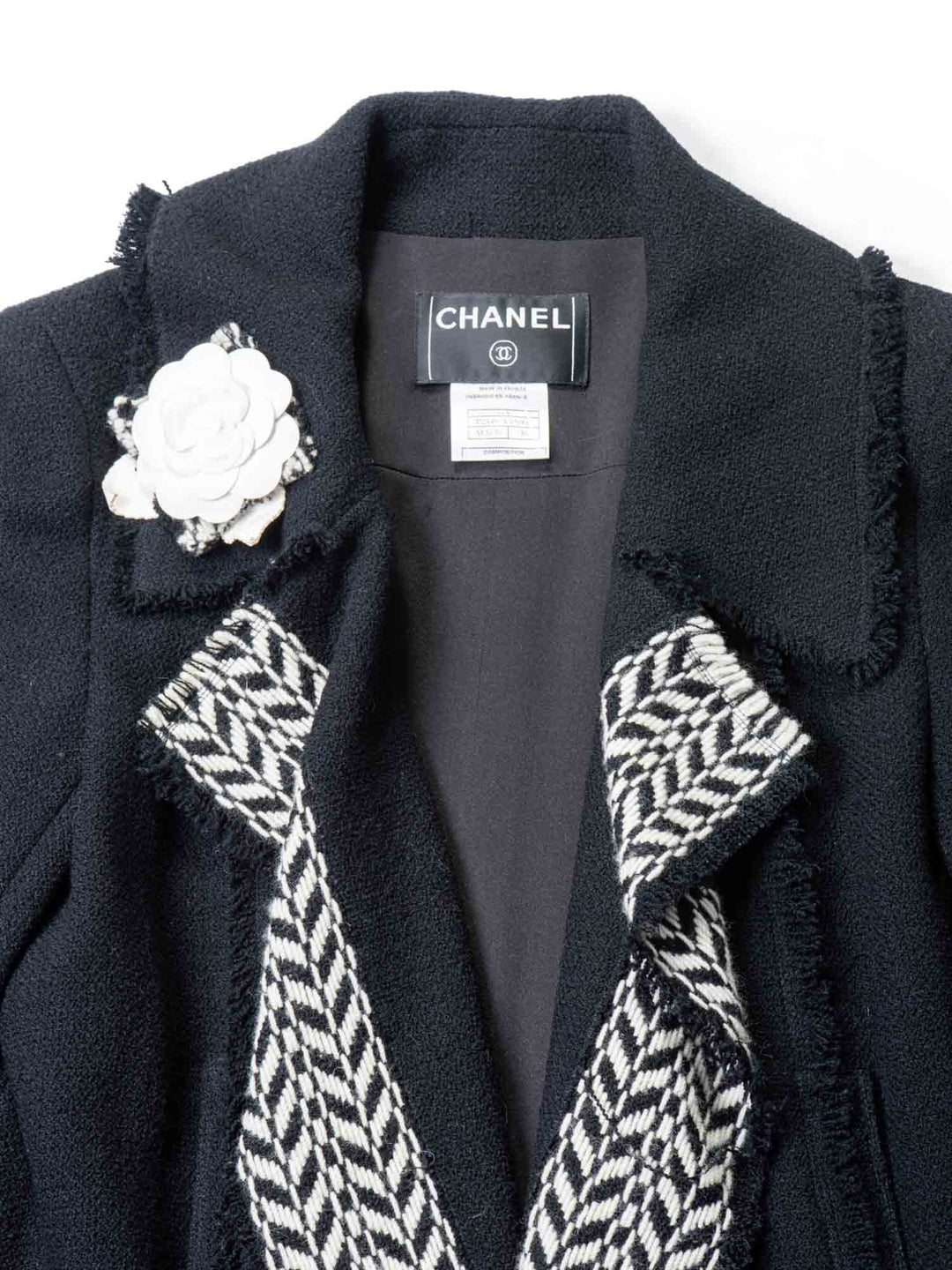 Top Quality Chanel Tweed Camellia Flower Open Jacket Black White