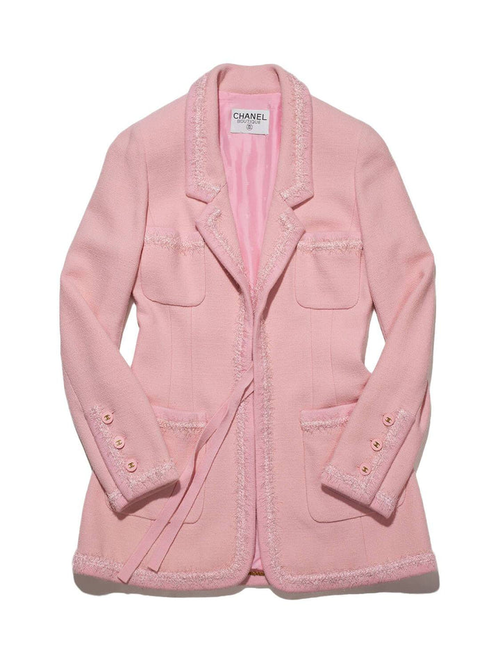 Top Quality Chanel Tweed Fringe Fitted Jacket Pink