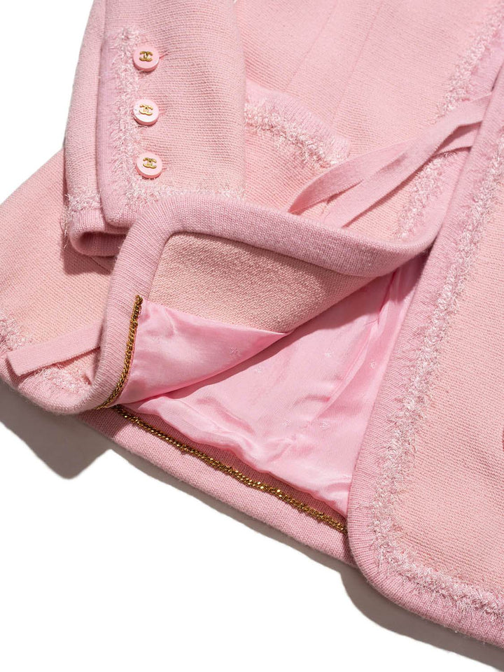 Top Quality Chanel Tweed Fringe Fitted Jacket Pink