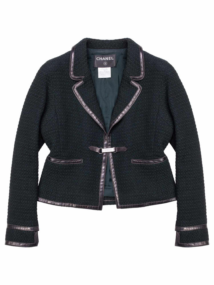 Top Quality Chanel Tweed Leather Fitted Skirt Suit Set Green