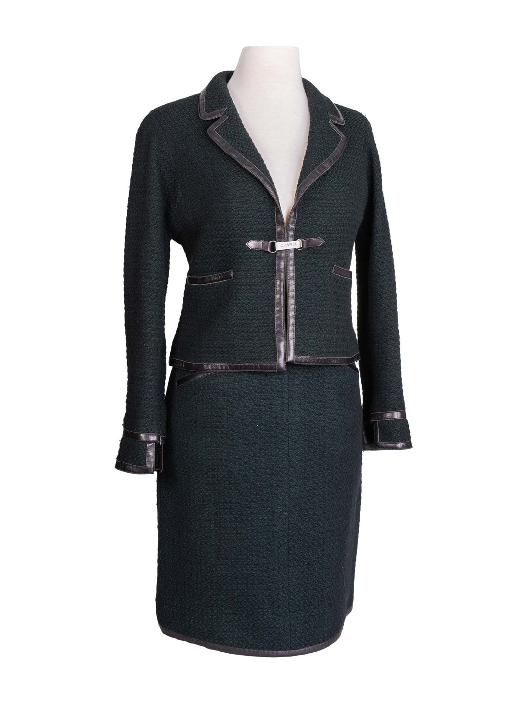 Top Quality Chanel Tweed Leather Fitted Skirt Suit Set Green