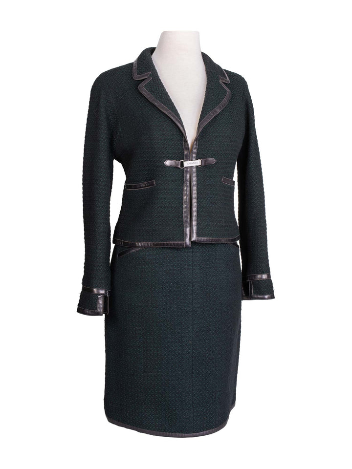 Top Quality Chanel Tweed Leather Fitted Skirt Suit Set Green