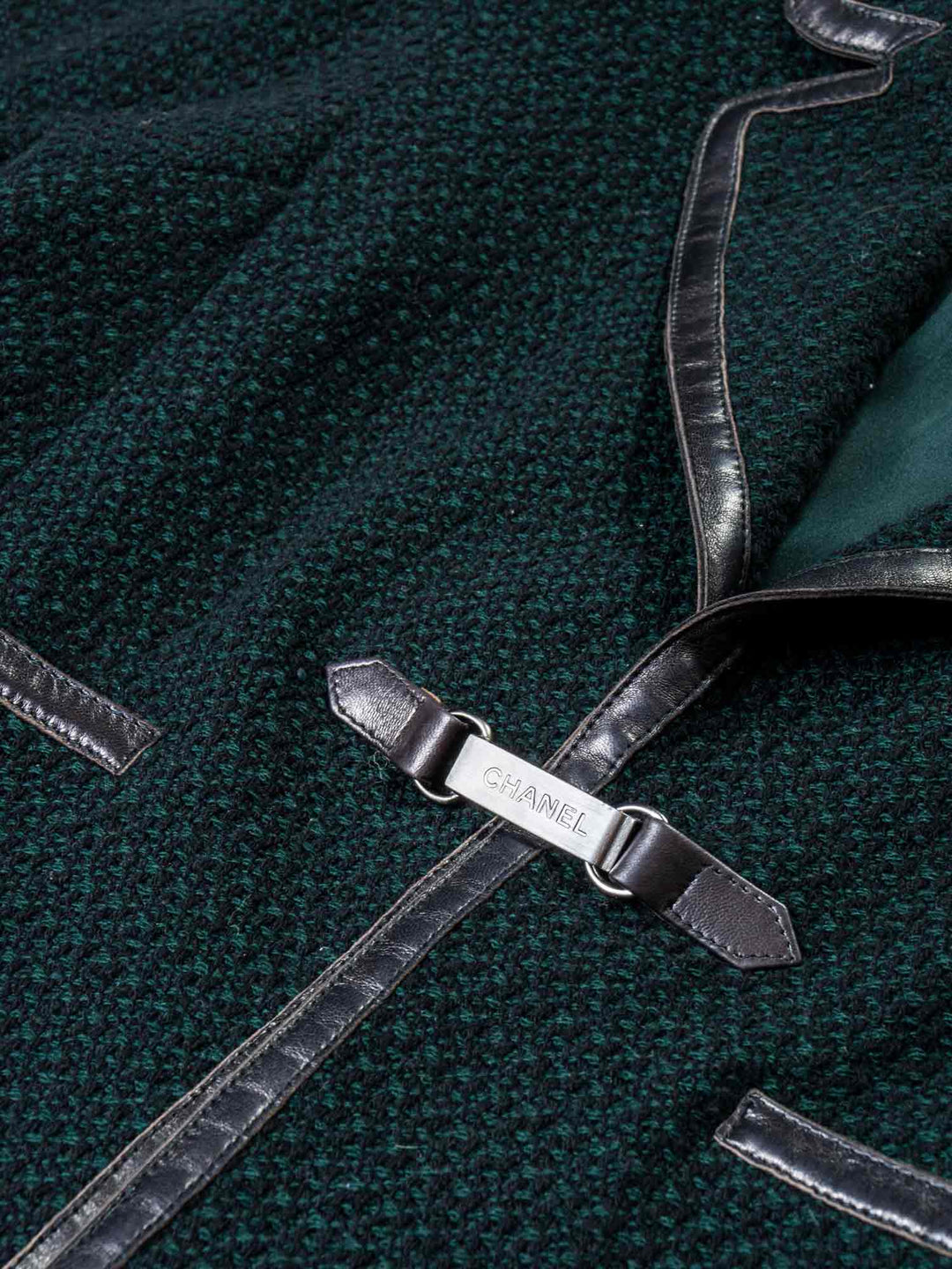 Top Quality Chanel Tweed Leather Trim Fitted Jacket Green
