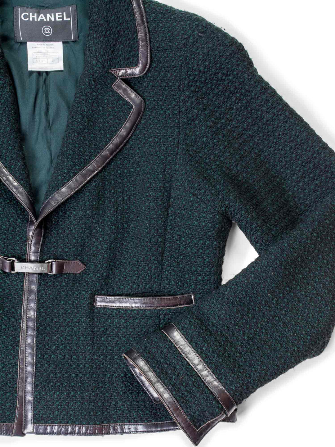 Top Quality Chanel Tweed Leather Trim Fitted Jacket Green