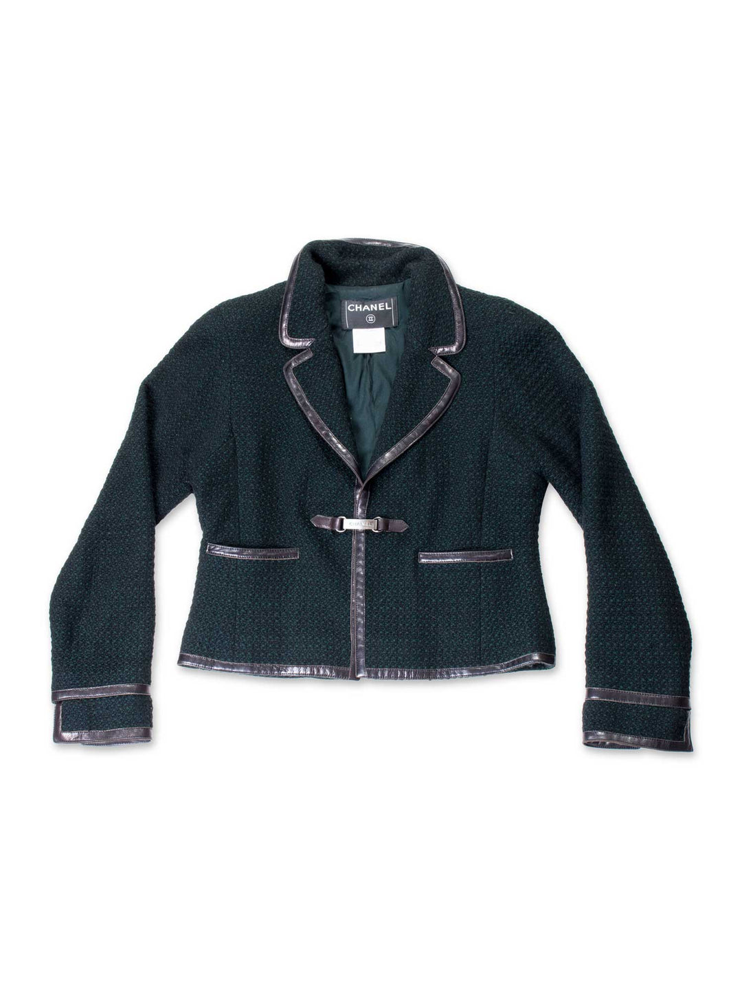 Top Quality Chanel Tweed Leather Trim Fitted Jacket Green