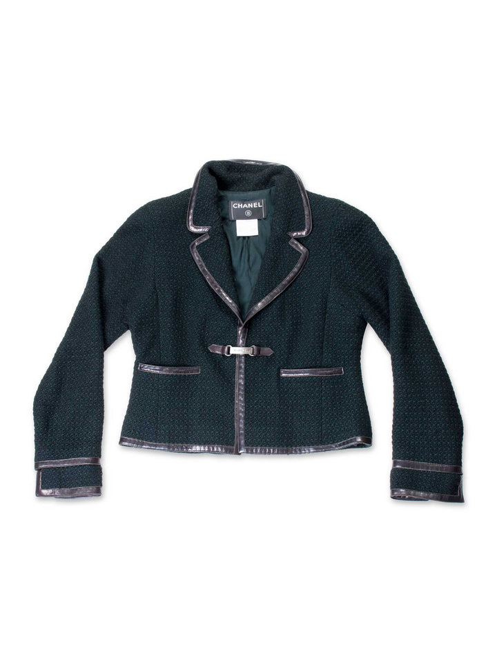 Top Quality Chanel Tweed Leather Trim Fitted Jacket Green