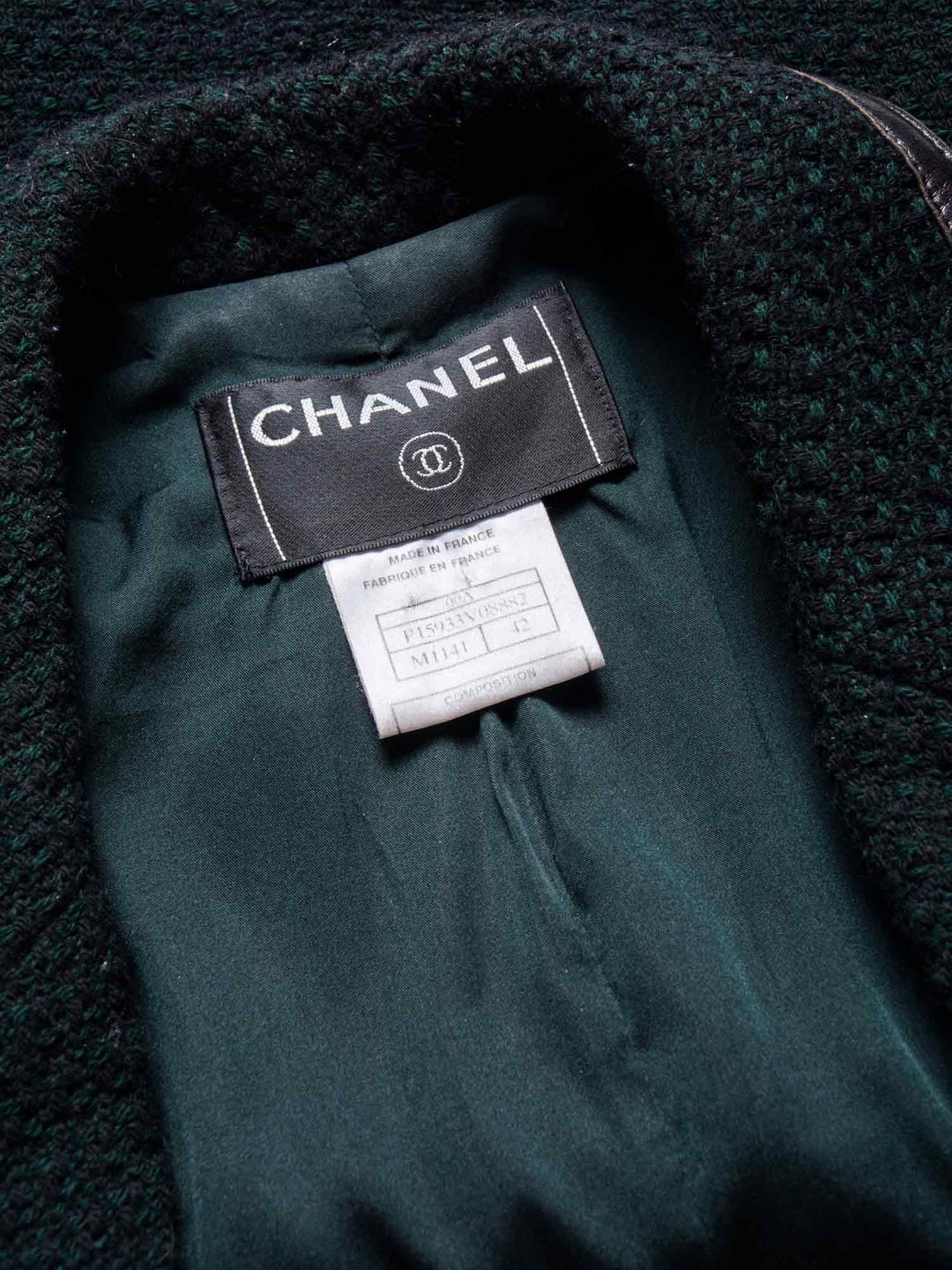 Top Quality Chanel Tweed Leather Trim Fitted Jacket Green