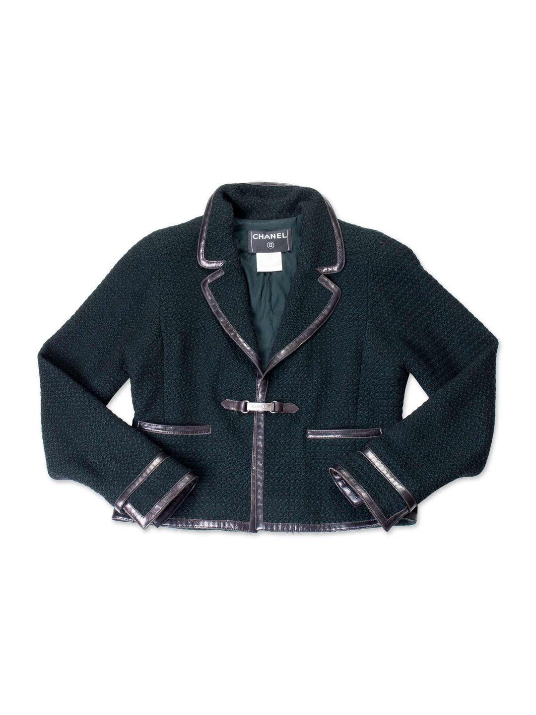 Top Quality Chanel Tweed Leather Trim Fitted Jacket Green