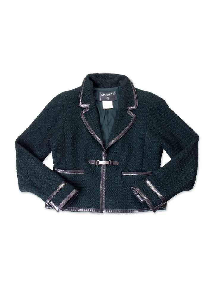 Top Quality Chanel Tweed Leather Trim Fitted Jacket Green