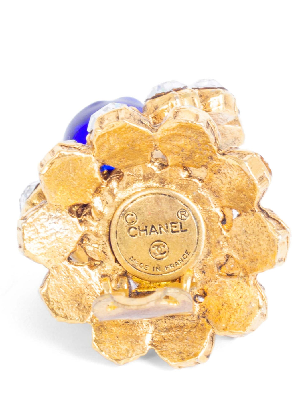 Top Quality Chanel Vintage 24K Gemstone Flower Clip On Earrings Blue