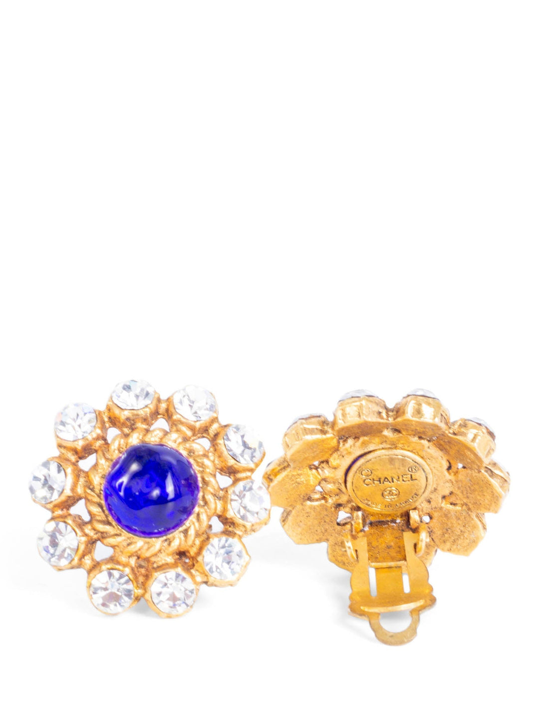 Top Quality Chanel Vintage 24K Gemstone Flower Clip On Earrings Blue