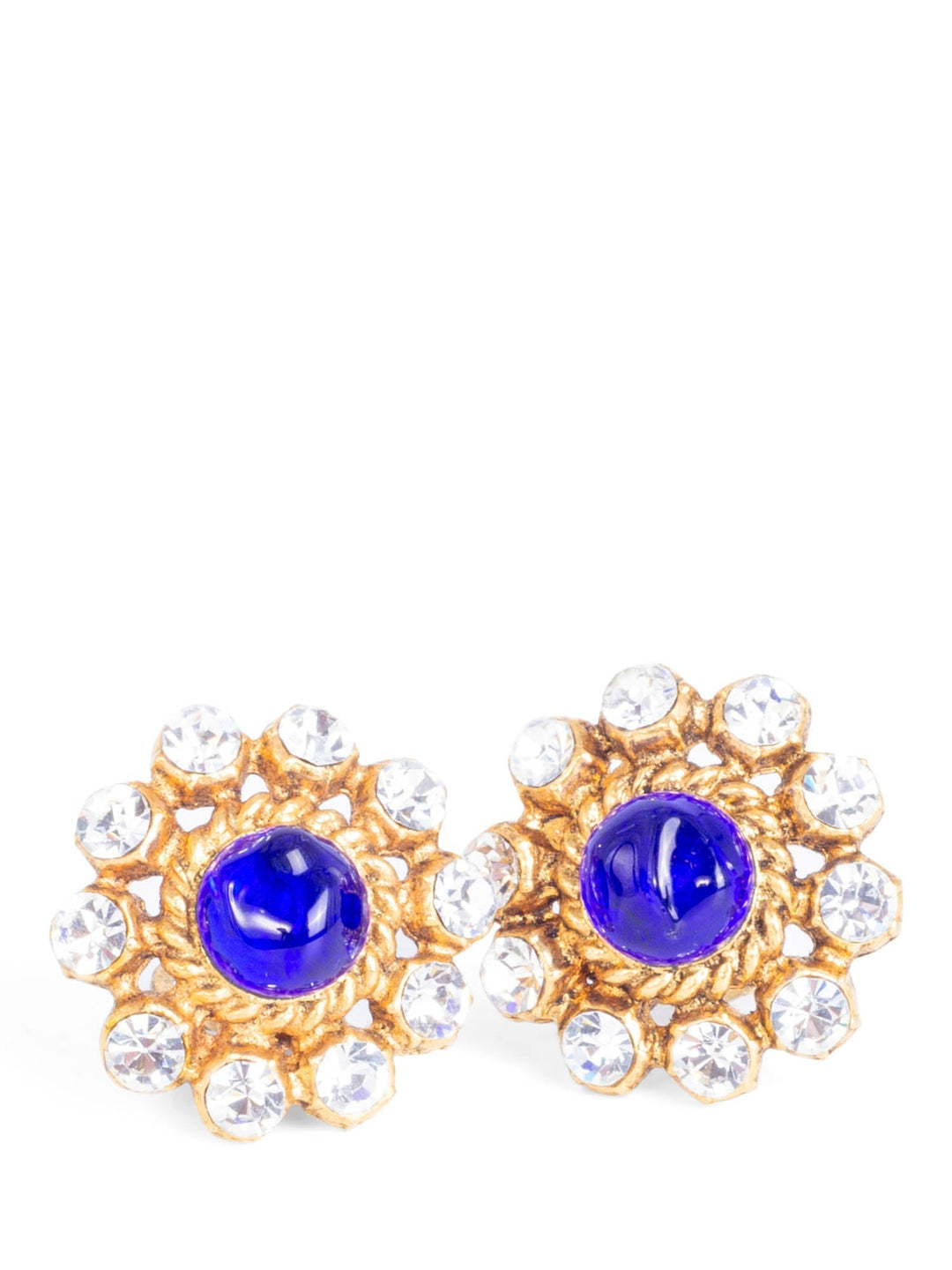 Top Quality Chanel Vintage 24K Gemstone Flower Clip On Earrings Blue