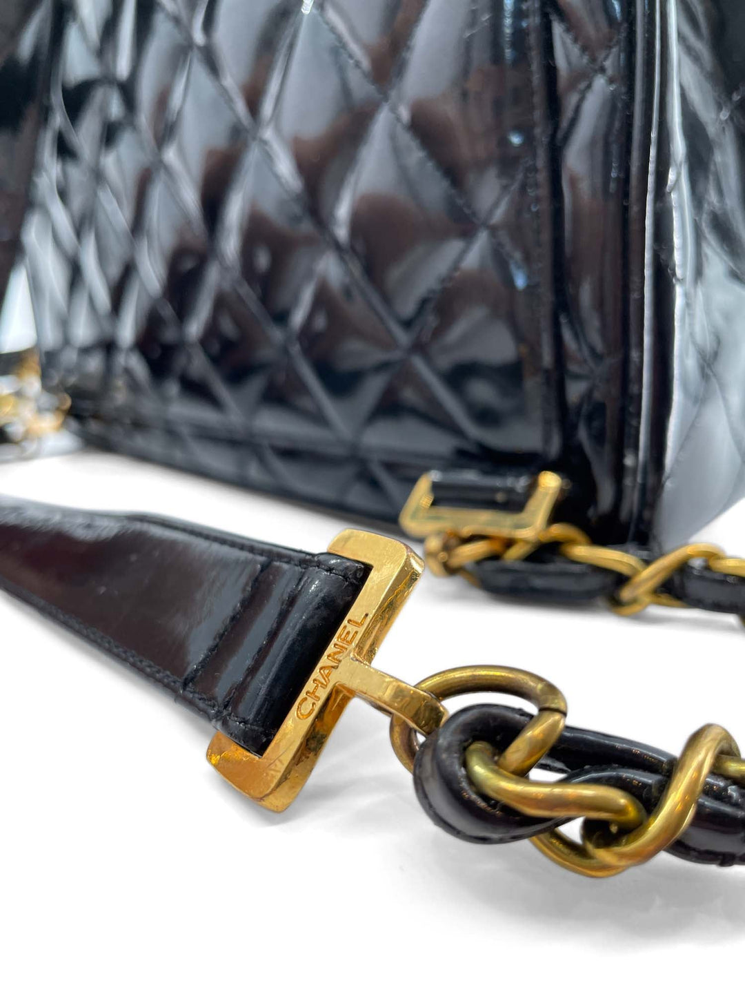 Top Quality Chanel Vintage 24k Gold CC Logo Patent Leather Backpack Black