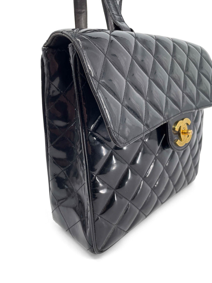 Top Quality Chanel Vintage 24k Gold CC Logo Patent Leather Backpack Black