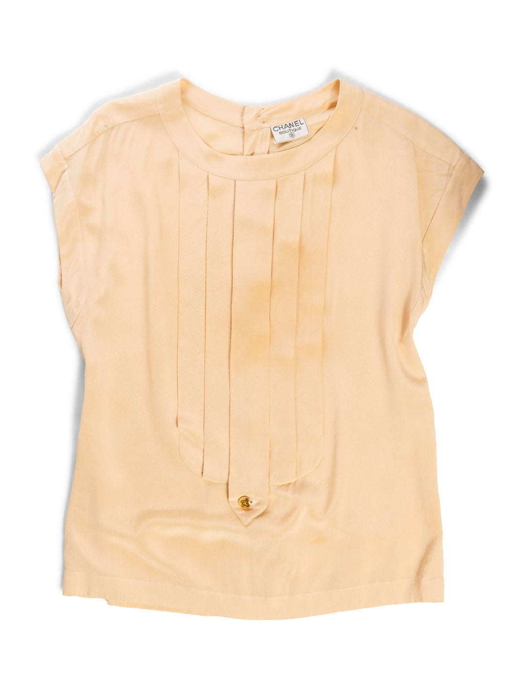 Top Quality Chanel Vintage CC Logo Pleated Slik Blouse Beige Gold