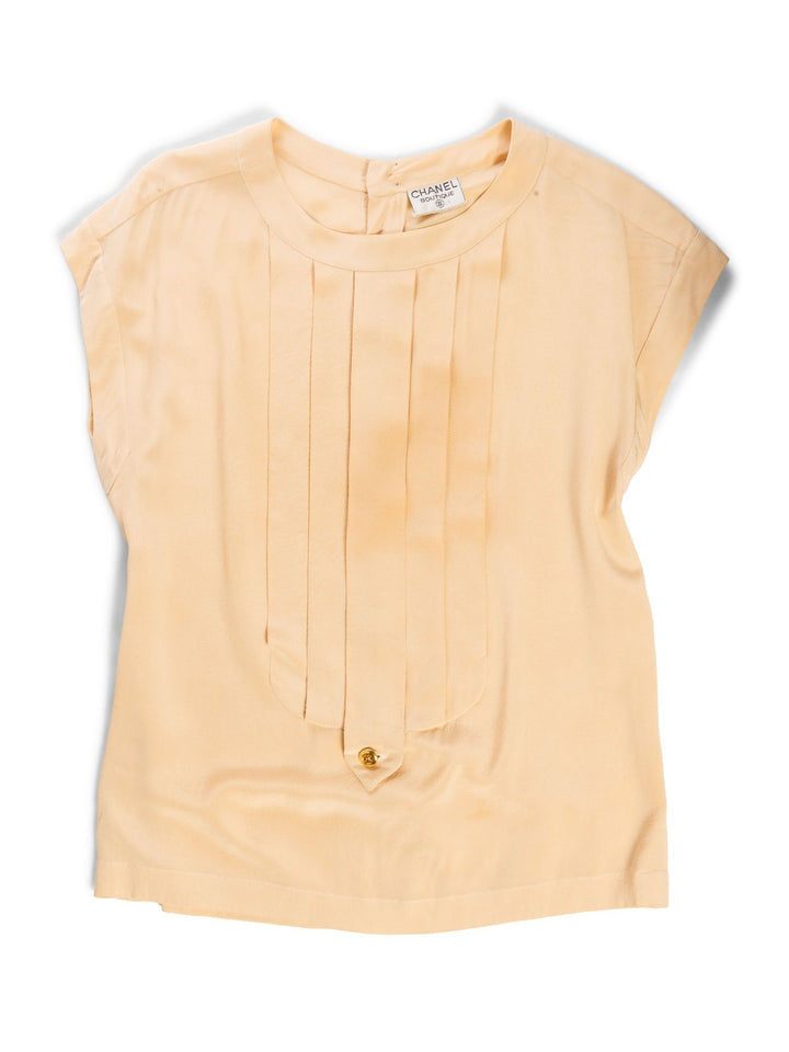 Top Quality Chanel Vintage CC Logo Pleated Slik Blouse Beige Gold