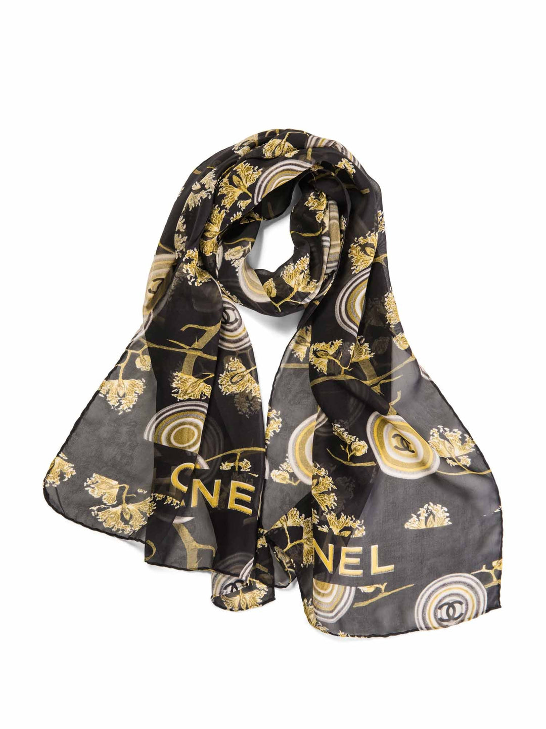 Top Quality Chanel Vintage CC Logo Silk Medallion Scarf Black Gold